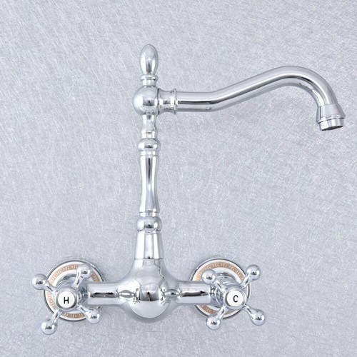 Polished Chrome Bathroom Kitchen Dual Cross Handles Sink Faucet Wall Mount - Bild 6 von 7