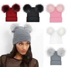 Women Ladies Double Fur Pom Soft Knit Beanie Hat Cap Ski Warm Winter Stylish