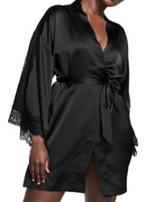 Victoria  s Secret Black Satin Kimono Short Robe Size L Lace Wrap Coverup Belted