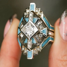 Moissanite Turquoise Bridal Set Ring 3pc Art Deco Silver Size 5.75 Geometric