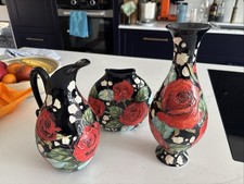 Old Tupton Ware Jug & Vases Black With Red Roses Hand Painted