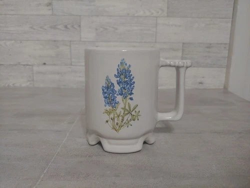 Frankoma Pottery Bluebonnet Footed Mug White Blue Flowers