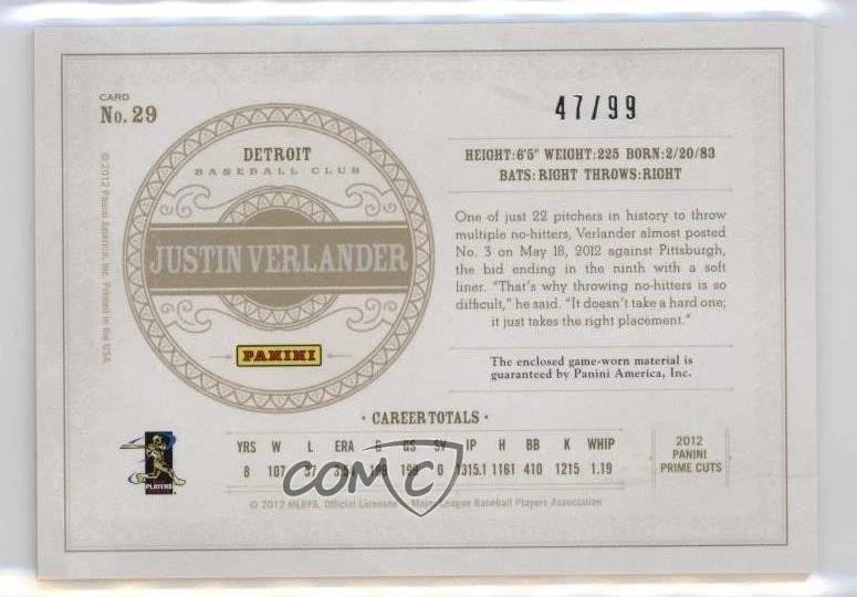2012 Playoff Prime Cuts /99 Justin Verlander #29 - Image 2 of 2
