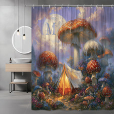 Mushroom Fantasy Landscape Shower Curtain, Moonlit Forest Art