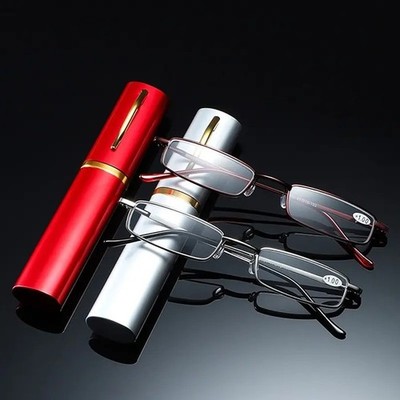 Compact Reading Glasses with plastic Tube Case Men Women Spring Hinge Reader