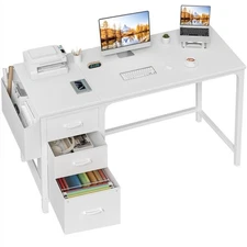 White Computer Desk With Fabric File Drawers Cabinet 55 Inch Reversible Desks Wi