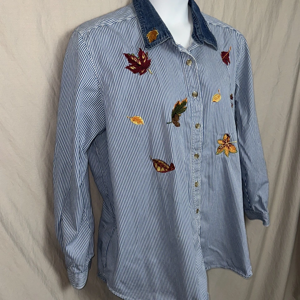Camisa Denim Vintage Hojas de Otoño Bordada 22/24W 100% Algodón Solo Mi Talla Foto 4 de 4