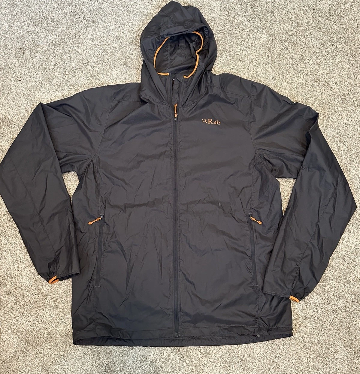 Rab Vital Windshell Hooded Jacket Lightweight Mens XL Graphene Marmalade Color
