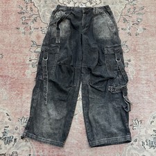BDG Black Washed Cargo Pants 30W Wide Leg D Ring Strap Skater Y2K Baggy Grunge