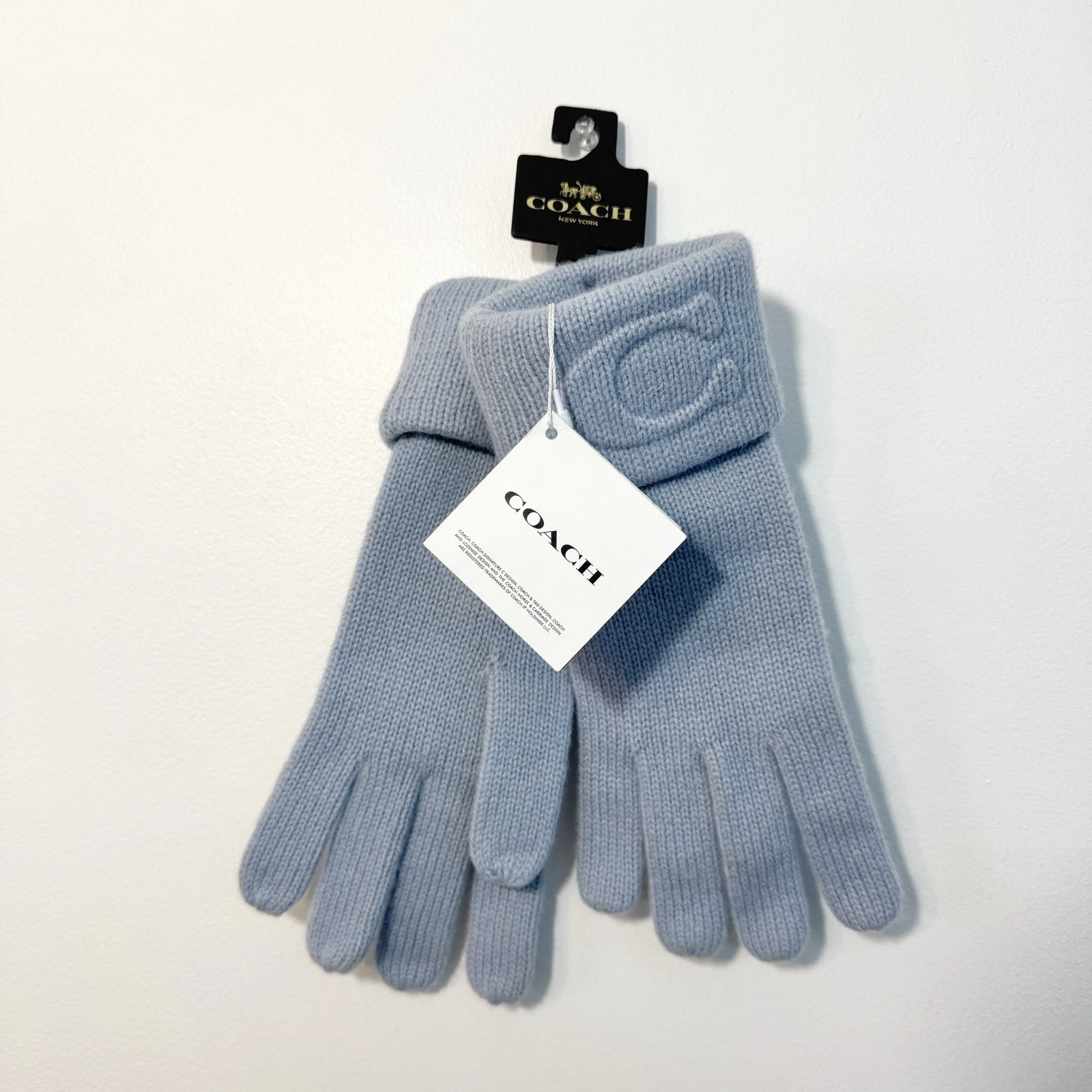 Coach Womens Light Blue Knit Gloves Wool Blend Embossed C Logo NWT