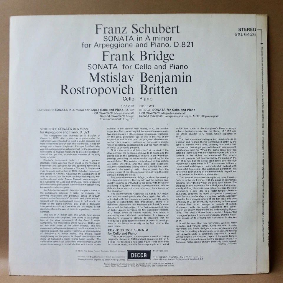 Rostropovich Britten Schubert Arpeggione Sonata Decca SXL 6426 WB NM - Image 2 of 3