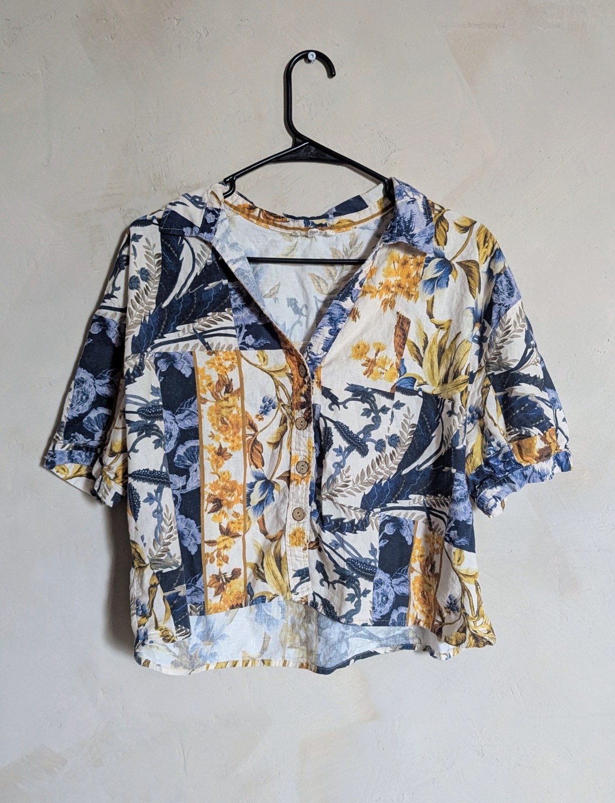 Patchwork Print Boxy Linen Button Shirt Coastal B… - image 1