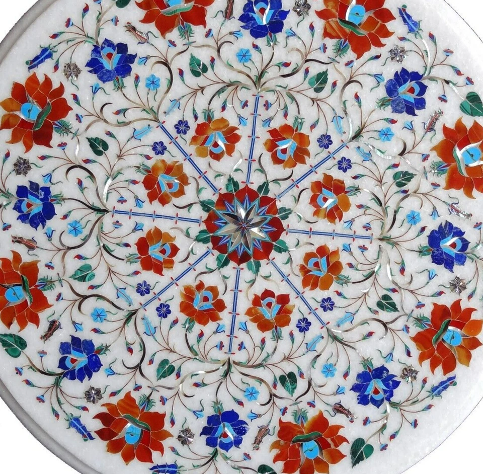 24" White Marble Coffee Table Set Lapis & Carnelian Floral Inlay Art Gift Decors - Image 4 of 4