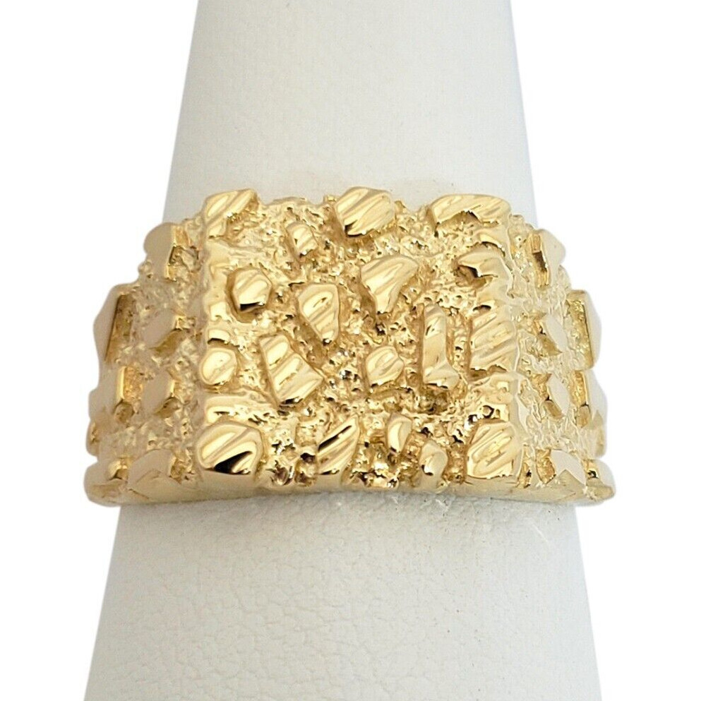 Solid 18K Yellow Gold Large Diamond Cut Mens Nugget Ring, Size