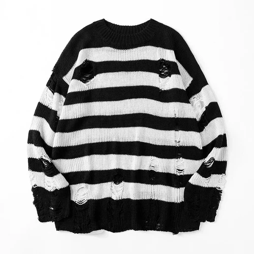 Maglioni a righe neri distrutti strappati maglione uomo pullover maglia foro maglioni - Foto 12 di 21