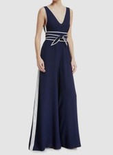 705 Diane Von Furstenberg Women's Blue V-Neck Sleeveless Wide-Leg Jumpsuit Sz 4
