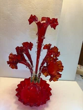 Antique Victorian Ruby Ruffled 5 Horn  Glass Fluted Epergne Centerpiece Vase