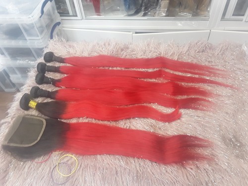 BRAZILIAN VIRGIN HAIR 24+26+28+30+30&24 LACE CLOSURE 550g 2TONES STRAIGHT 1B/RED - Picture 3 of 6