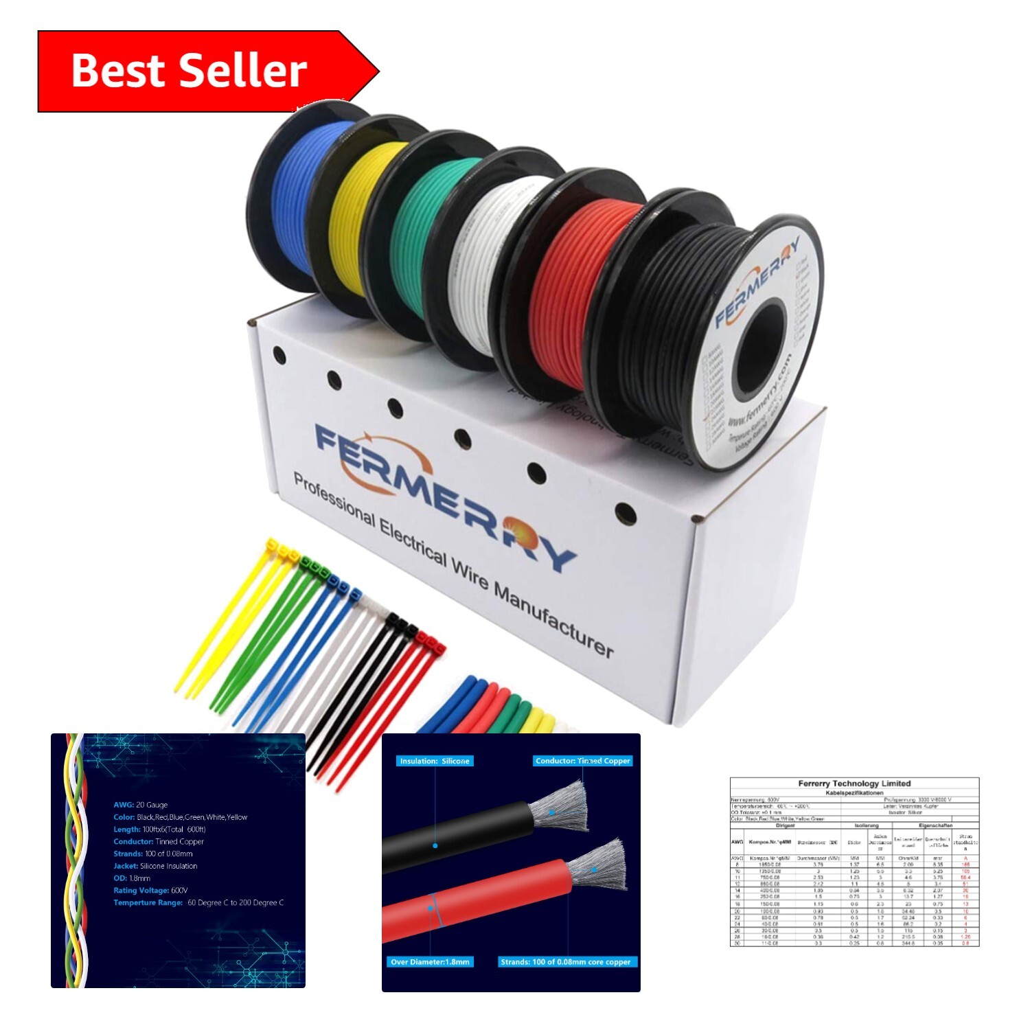 6-Color 20 AWG Tinned Copper Wire Kit - 100 Feet Each for Versatile Applications