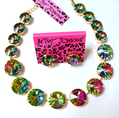 3 Items-RAINBOW Rhinestone Betsey Johnson Necklace & 2 pair of matching Earrings