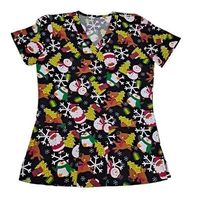 elite Med Performance Scrub Top Womens Microflex Christmas Santa Snowman size L