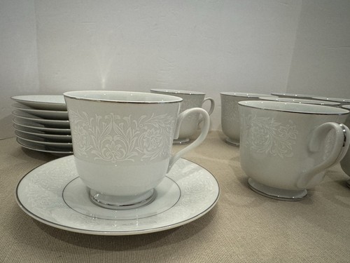 Carlton Japan Plymouth 303 White Floral 8 Teacups Saucers Set w/ Silver Trim - Picture 3 of 11