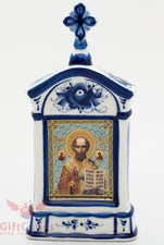 Russian Porcelain Gzhel Orthodox Shrine Kiot Icon St Nicholas Николай Чудотворец