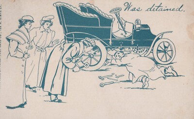 Car Automobile Broken Down Was Detained Woman Fixing  1905 Private Postcard