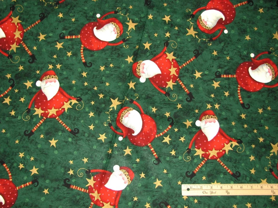BROTHER SISTER DESIGN STUDIO Santa with Leopard Skin Hat Dancing Green Christmas Cotton Fabric 1/2 Yard