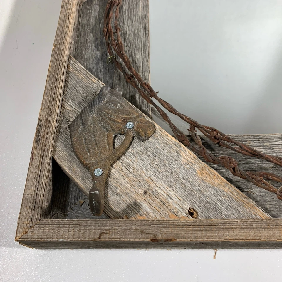 Western Farmhouse Rustic Wood Wall Hanging Accent Mirror Coat Hat Hanger Decor - Image 3 of 4