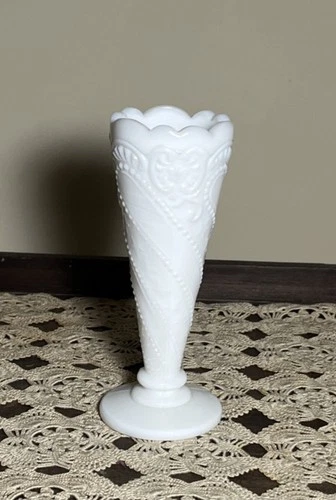 Vintage Milk Glass Trumpet Vase Stars Beaded Swirl Pedestal White