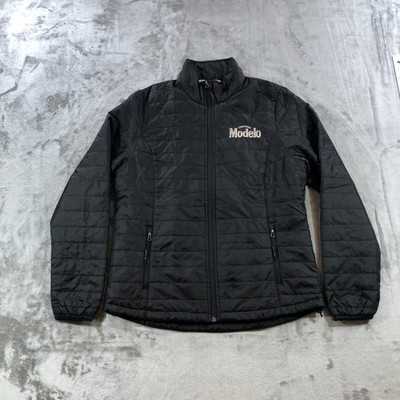 Cerveza Modelo Jacket Womens Small Black Quilted Puffer Full Zip Embroidered