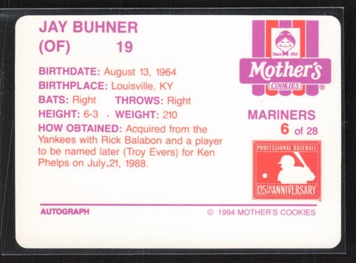 Mother's Cookies Seattle Mariners #6 1994 Jay Buhner - Imagen 2 de 2