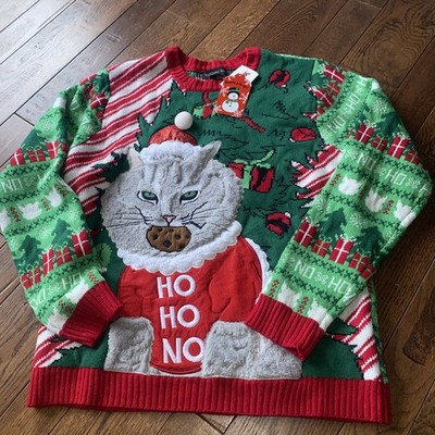 NEW Blizzard Bay Sweater Mens L Green Cat Santa Ugly Christmas Holiday Crewneck