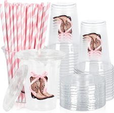 50Pcs Cowgirl Plastic Cups with Lids Straws Disposable Cups 12oz Watercolor Pink
