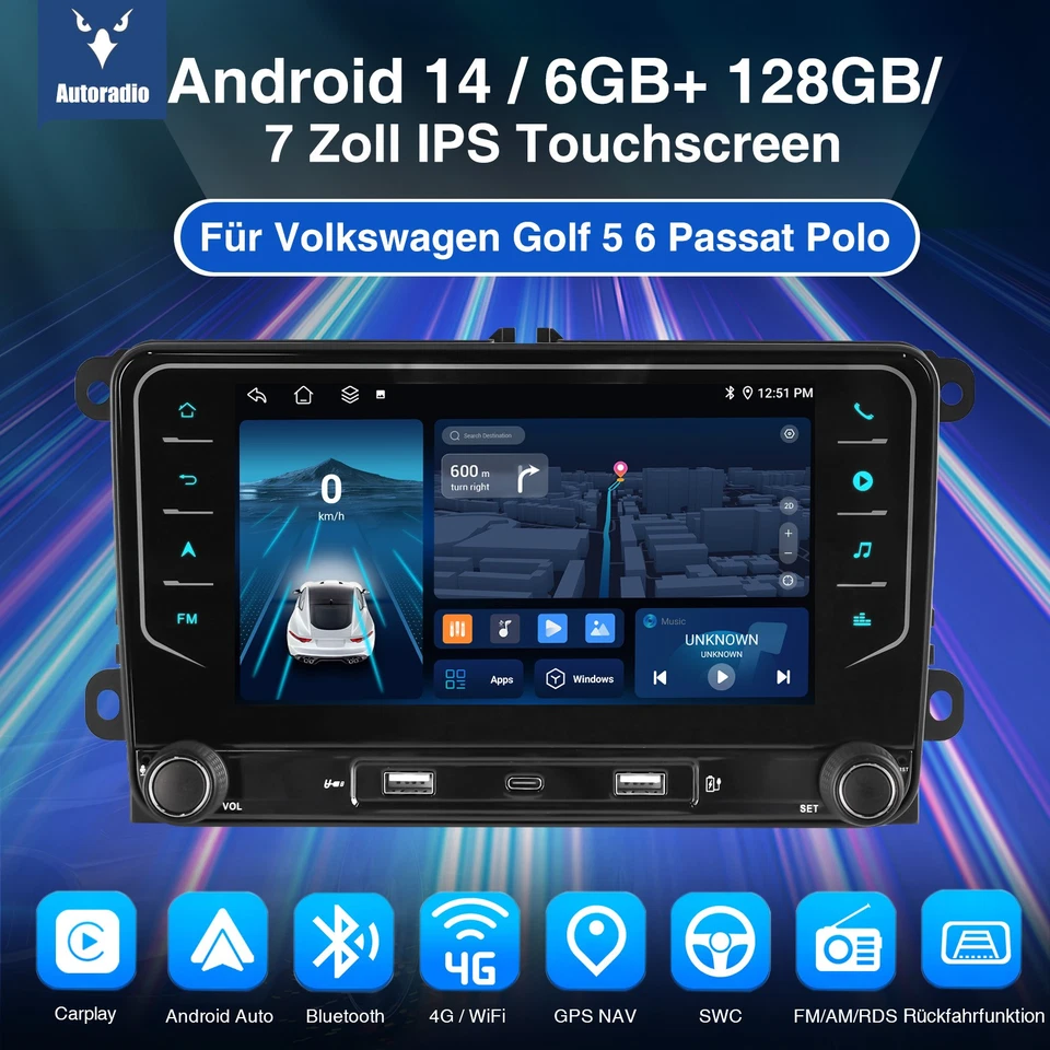 DAB+ Android 14 6+128GB Autoradio Carplay GPS Für VW Golf 5 6 Touran Tiguan Polo - Bild 2 von 4