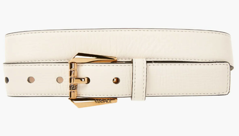 НОВЫЙ ремень из телячьей кожи с пряжкой VERSACE Greca и БИРКАМИ цвета Экрю-Versace Gold 42 66390₽