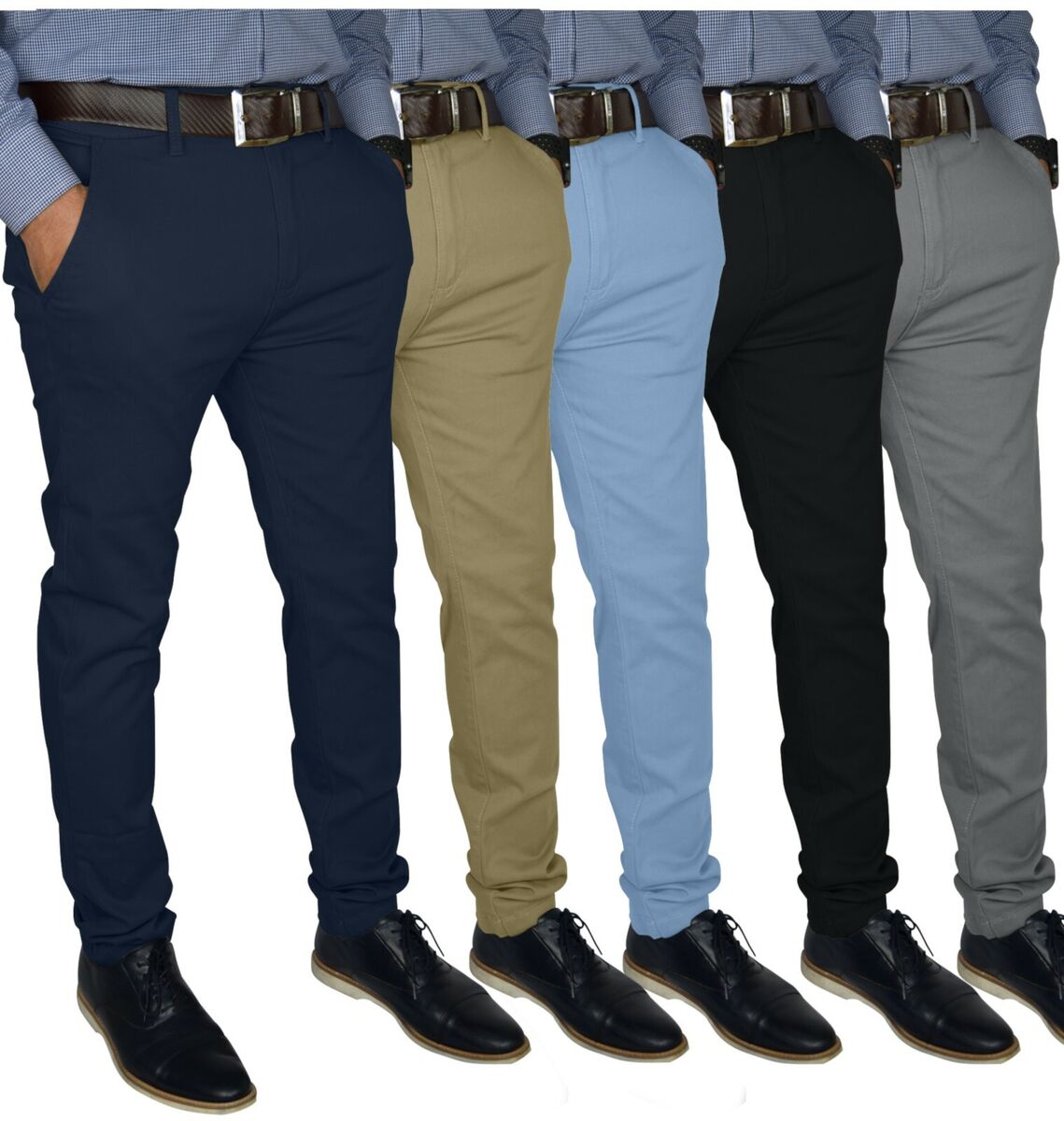 Mens Slim FIT Stretch Chino Trousers Casual Flat Front Flex Classic Full  Pants