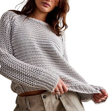 NEW FREE PEOPLE WE THE FREE LUNAR ROCK GRAY ESSENTIAL KNIT LINEN CREW SWEATER XS