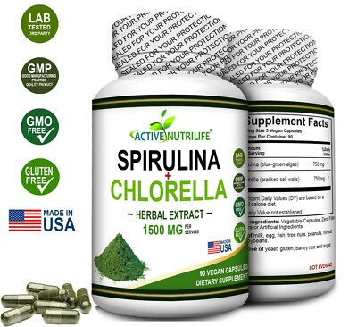 Spirulina powder + Chlorella powder 90 Vegan Capsules - Energy & Immune Booster 