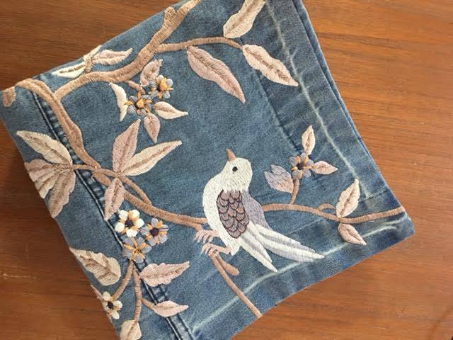 Pottery Barn Denim Bird Lumbar Pillow Cover Blue 20x20 Embroidered