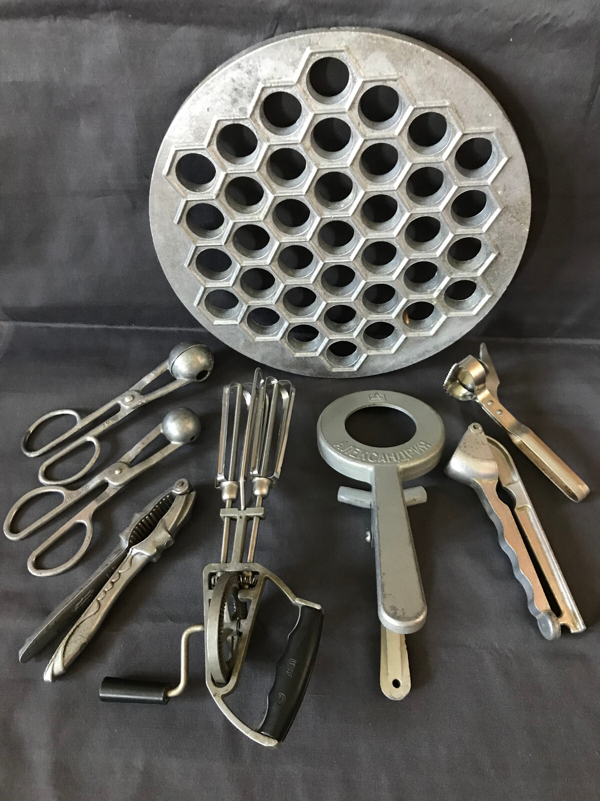 USSR Jar Tin Can opener Nutcracker Meatball maker Fish knife Garlic press Mixer-image