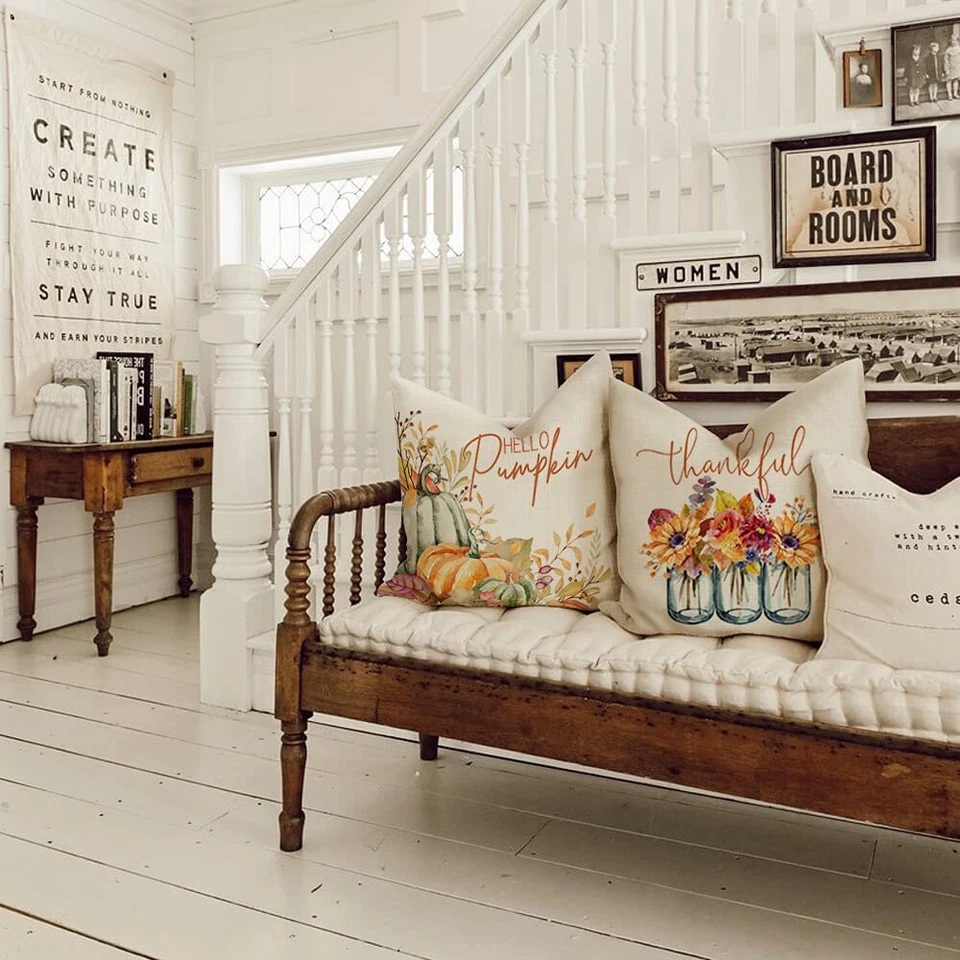 Juego de 4 fundas de almohada de otoño 18x18 para decoración de otoño hojas de calabaza florero funda de cojín Foto 2 de 4