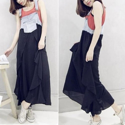 Size Donne Denim Plus lungo Baggy Jeans nero Pinafore vestito Vintage salopette bavaglino AwUp45qWw