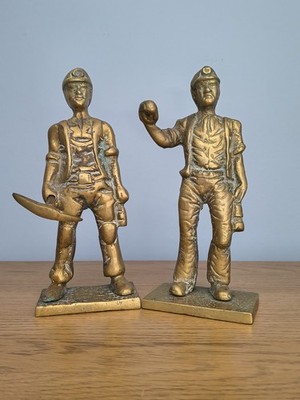Vintage massive Messing schwere Kohle Bergmann Figuren 2 sehr guter Zustand Höhe 8'' Männer Grube 
