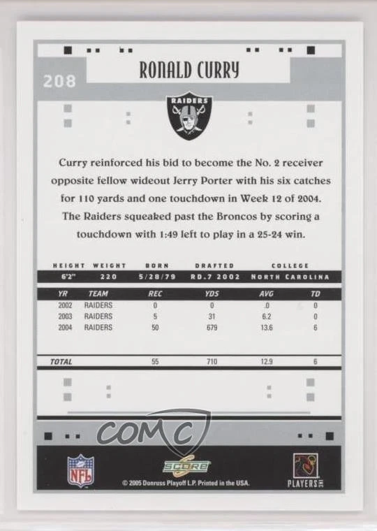 2005 Score Ronald Curry #208 - Image 2 of 2