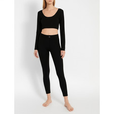 Fabletics Long Sleeve Crop Top Womens Large Black Rib Knit High Waist