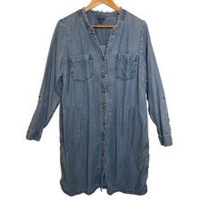 J. Jill Tencel Chambray Shirt Dress Tunic Soft Denim Blue Roll Sleeves/Pockets M