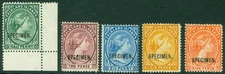 Falklands 1891-1902. ½d to 9d set of 5 values, overprinted specimen. Fresh...