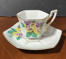 Vtg Japan Hexagon Miniature Cup Saucer Set - Floral Pattern - Gold Trim